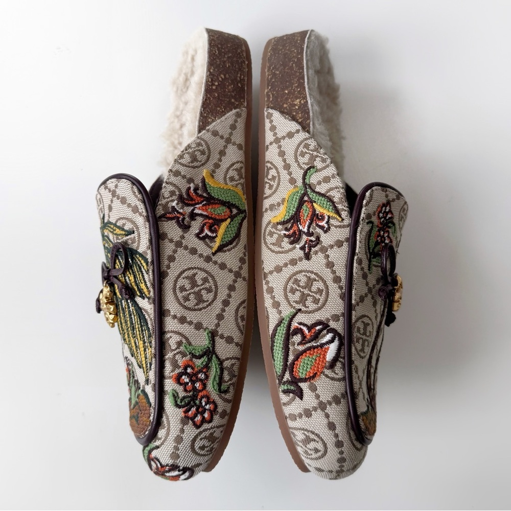 NEW Tory Burch Monogram Jacquard Needlepoint Shearling Mules Cheetah Tropical - Picture 4 of 14